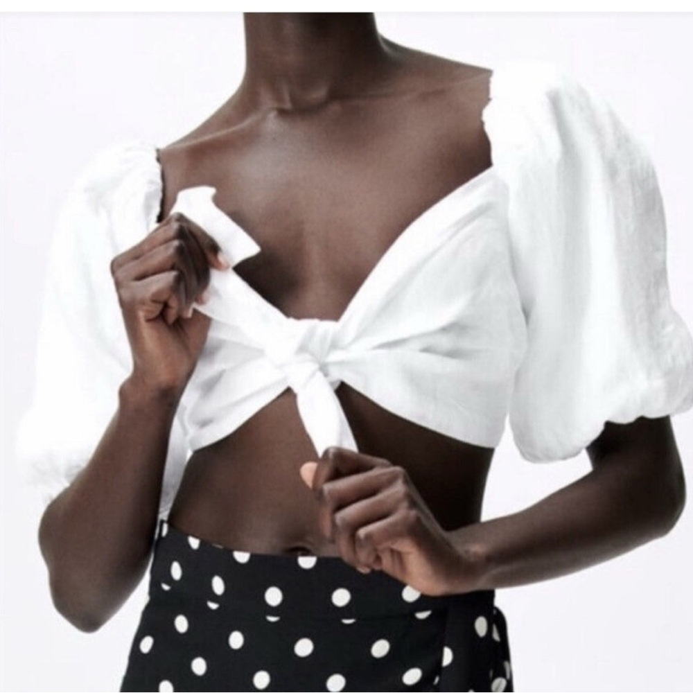 Zara White Puffed Sleeve Ruffle Crop Top Bralette